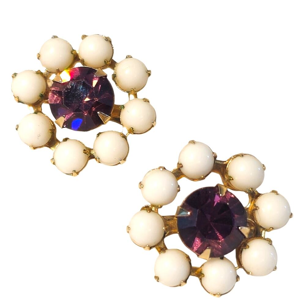 2 Vintage Scatter Pins White Bead Cabochon Purple Rhinestone Flower Design 0.73"